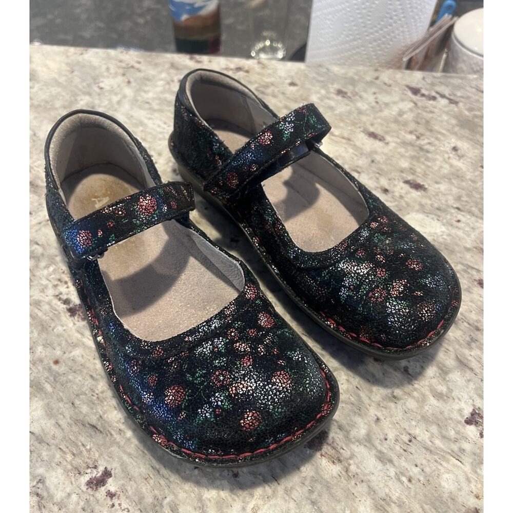 Alegria BEL-764 Mary Jane Leather Shoes Black Glitter Flower Size 37